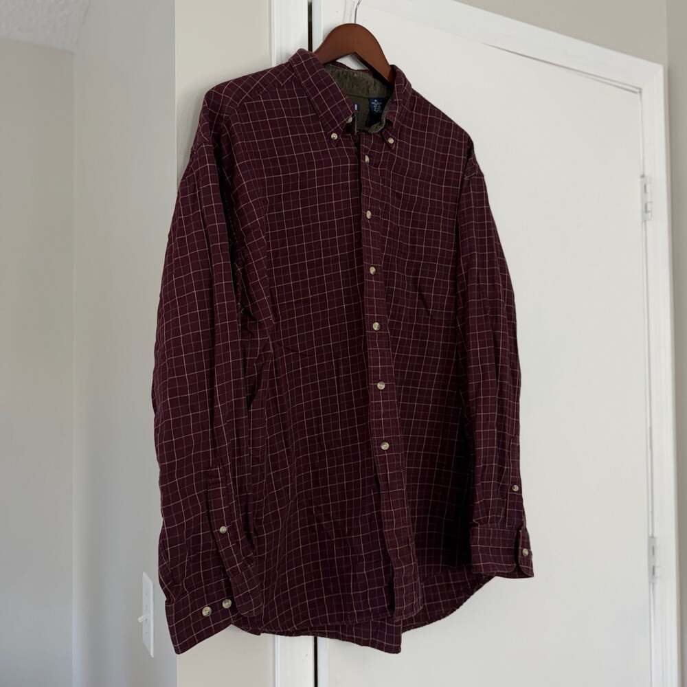 Trader Bay Vintage XL Maroon Windowpane Plaid Button Down Shirt Corduroy Collar